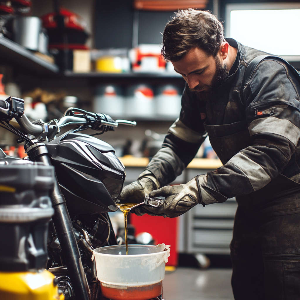 Mechanic changing motorcycle oil in organized garage.