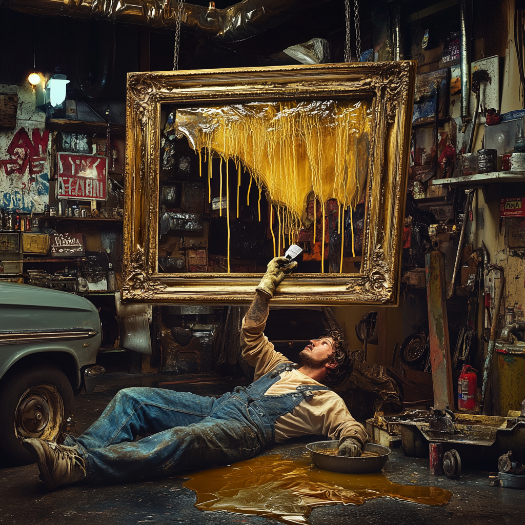 Mechanic changing oil of dripping golden-framed painting.