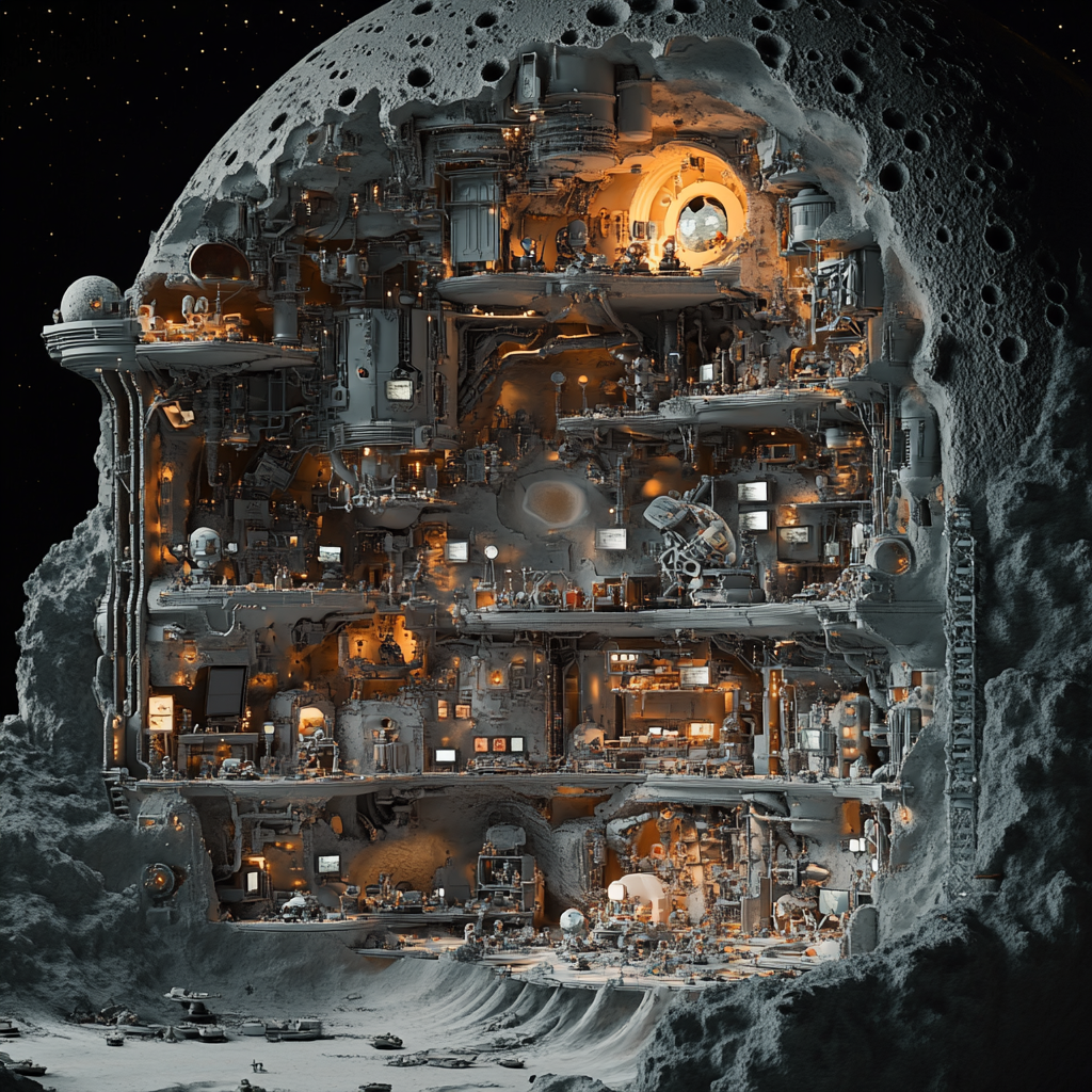 Mechanical Moon with Aliens Inside, Hyper Realistic 