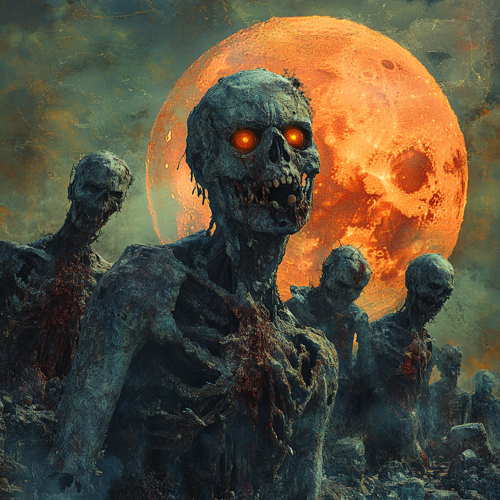 Mechanical and Rotten Zombies Battling under Red Moon