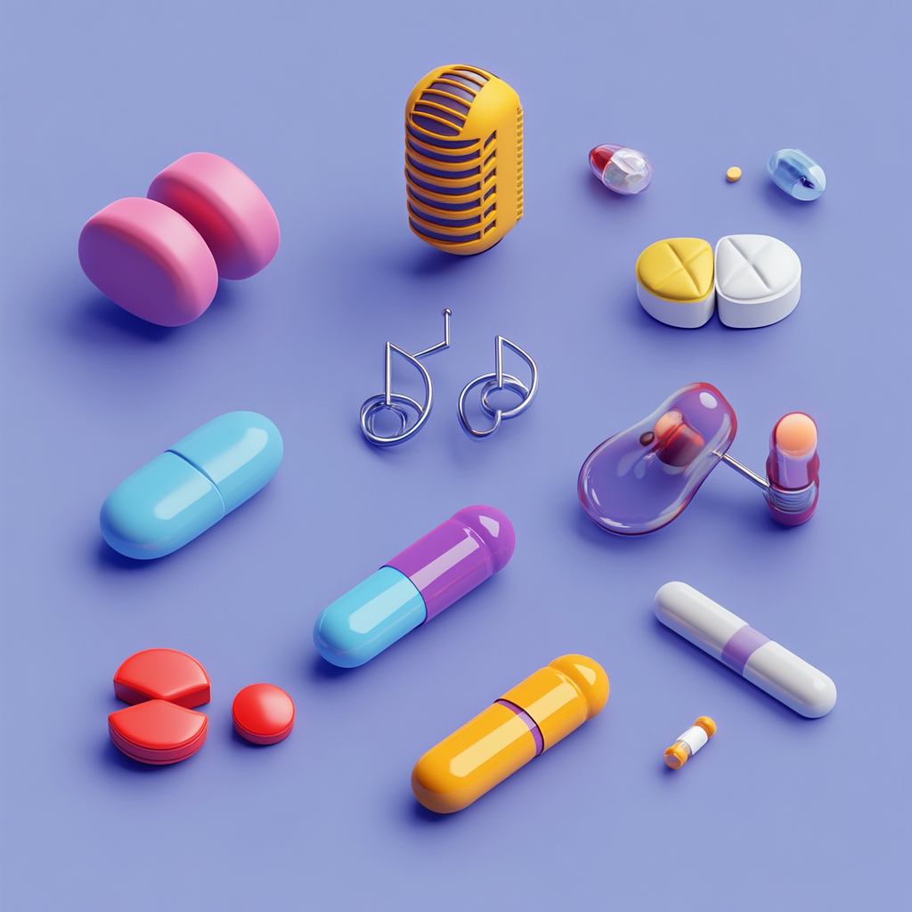 Medicine pills, music note, microphone, Blender C4D icons.