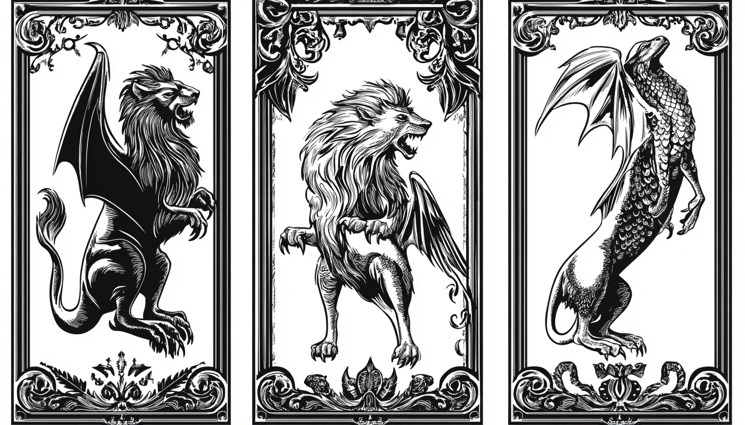 Medieval Guardian Beasts in Gothic Scrollwork Frame