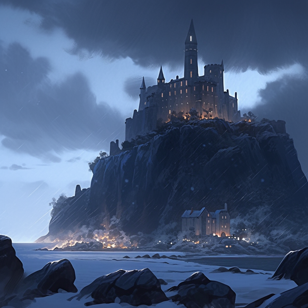 Medieval Scottish Isles Castle Overlooking Sea in Snowy Night