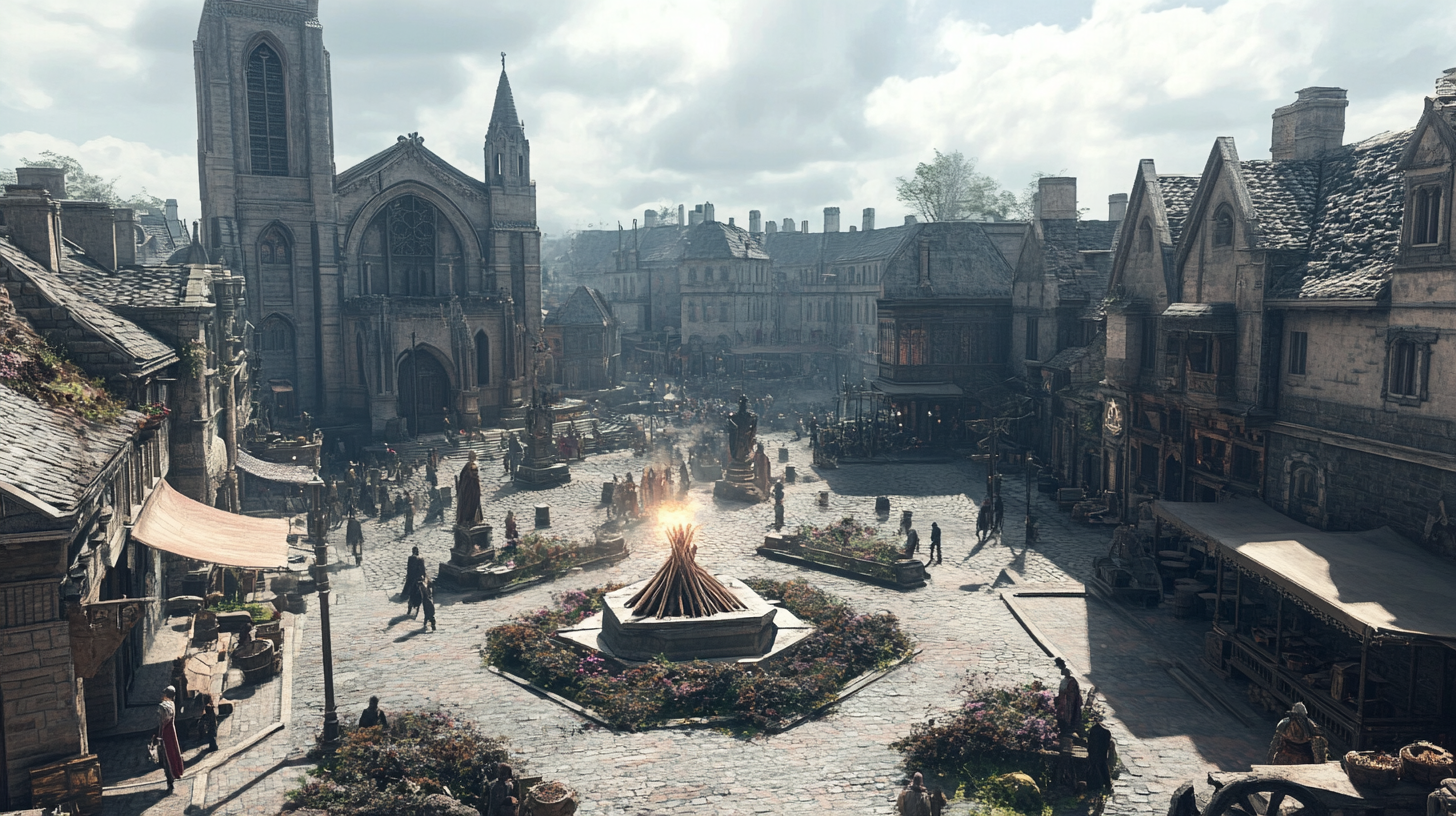 Medieval Town Square with Unlit Pyre and Buildings