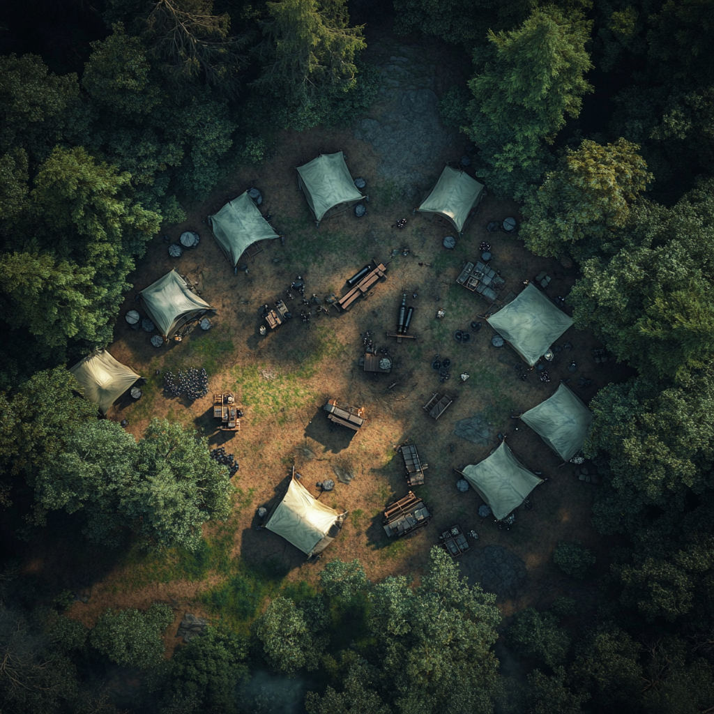 Medieval army camp in forest, tents, artillery weapons