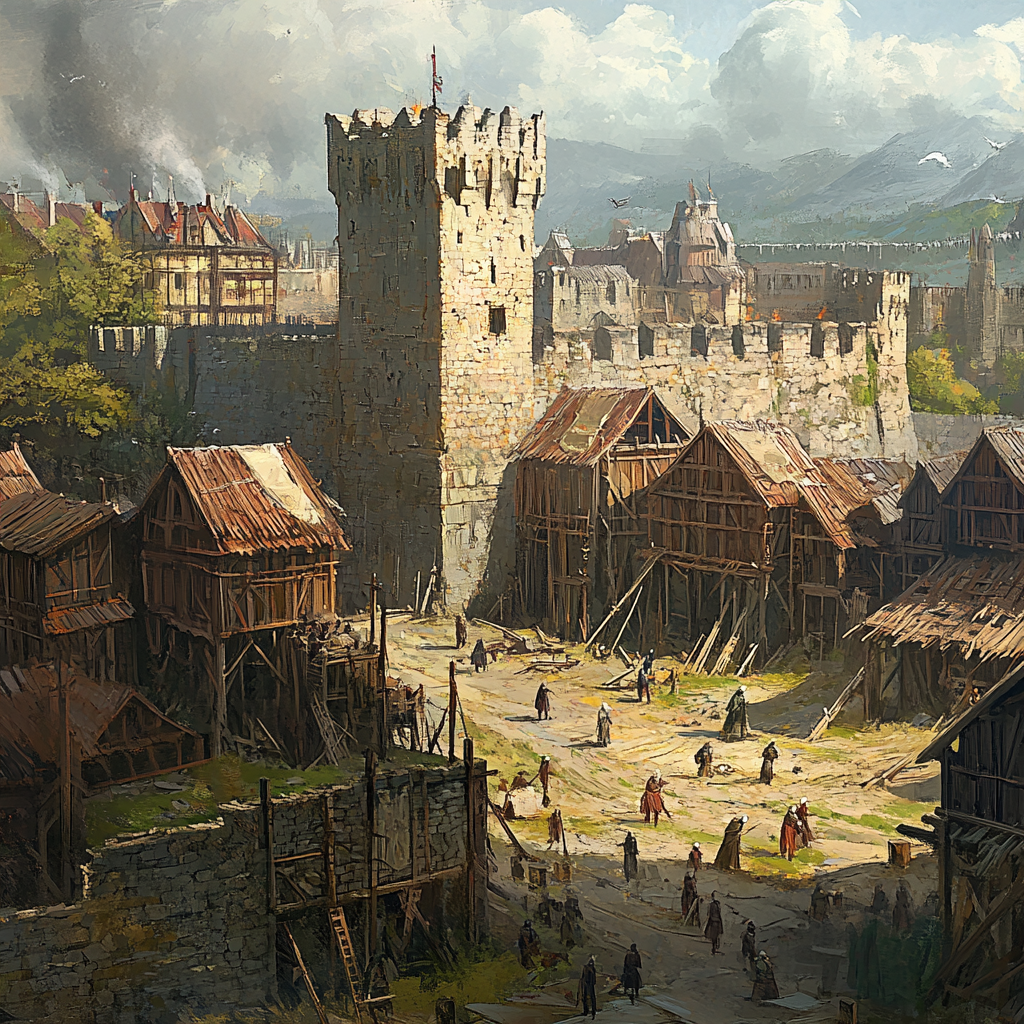 Medieval building site with walls and guard towers