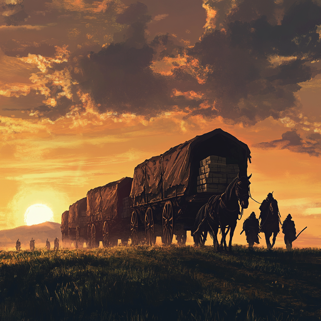 Medieval caravan of seven wagons with guards at sunset.