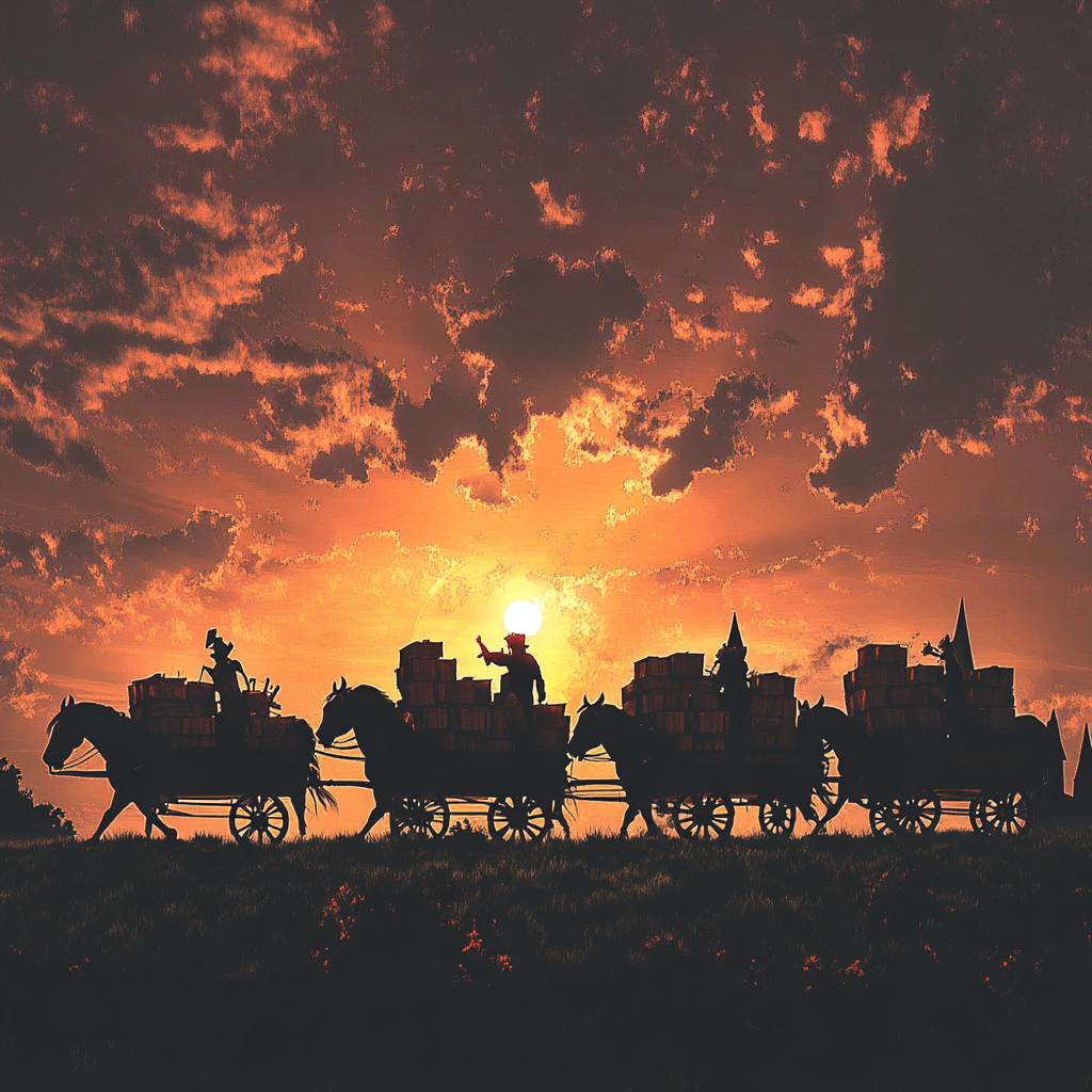 Medieval caravan with horse-drawn wagons, ogre, gnome, sunset.