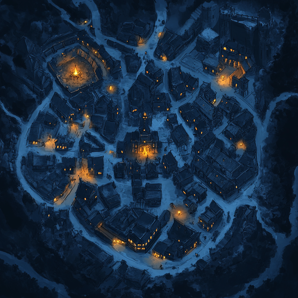 Medieval city map with dark blue and Amber lights