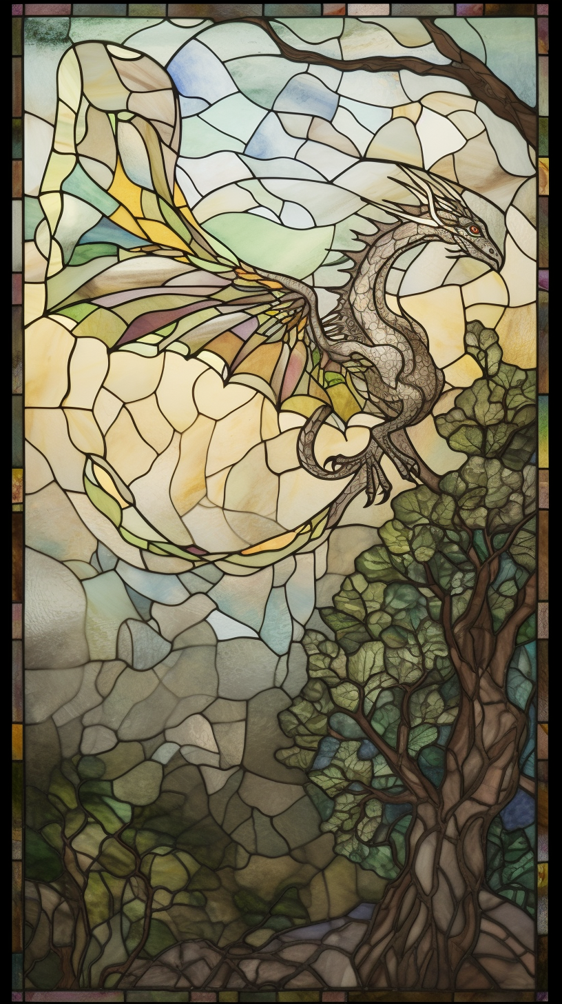 Medieval dragon mosaic in pastel colors with luminous glass.