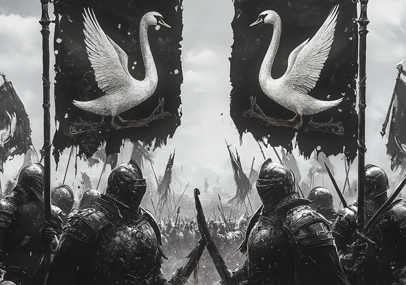 Medieval fantasy army with black & white knights flags.