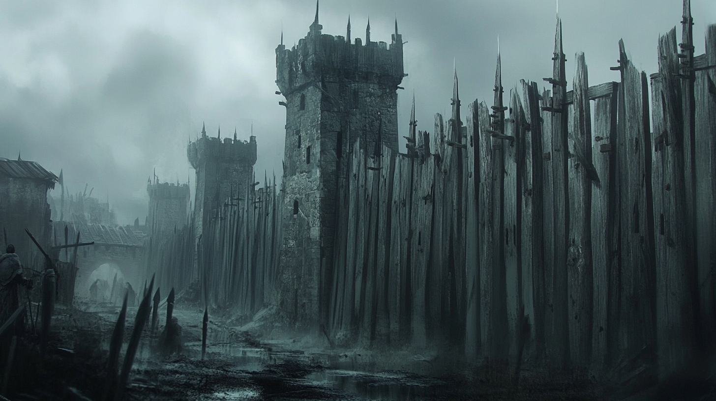 Medieval fantasy concept art with guards on palisade walls.