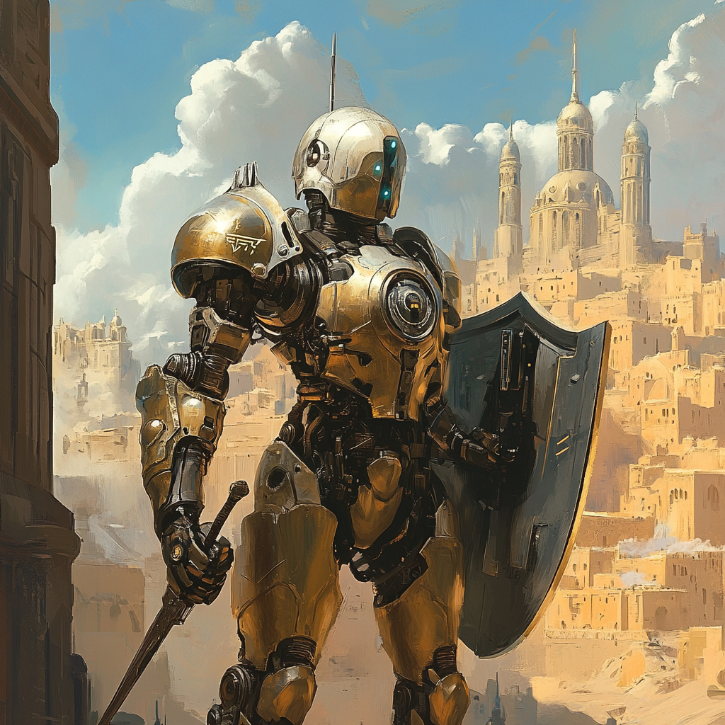 Medieval fantasy robot resembling chivalrous paladin, holding shield.