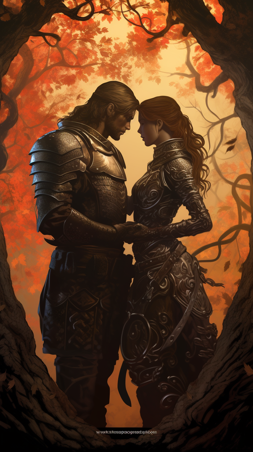 Medieval fantasy warriors in love with heart-shaped shield maiden.