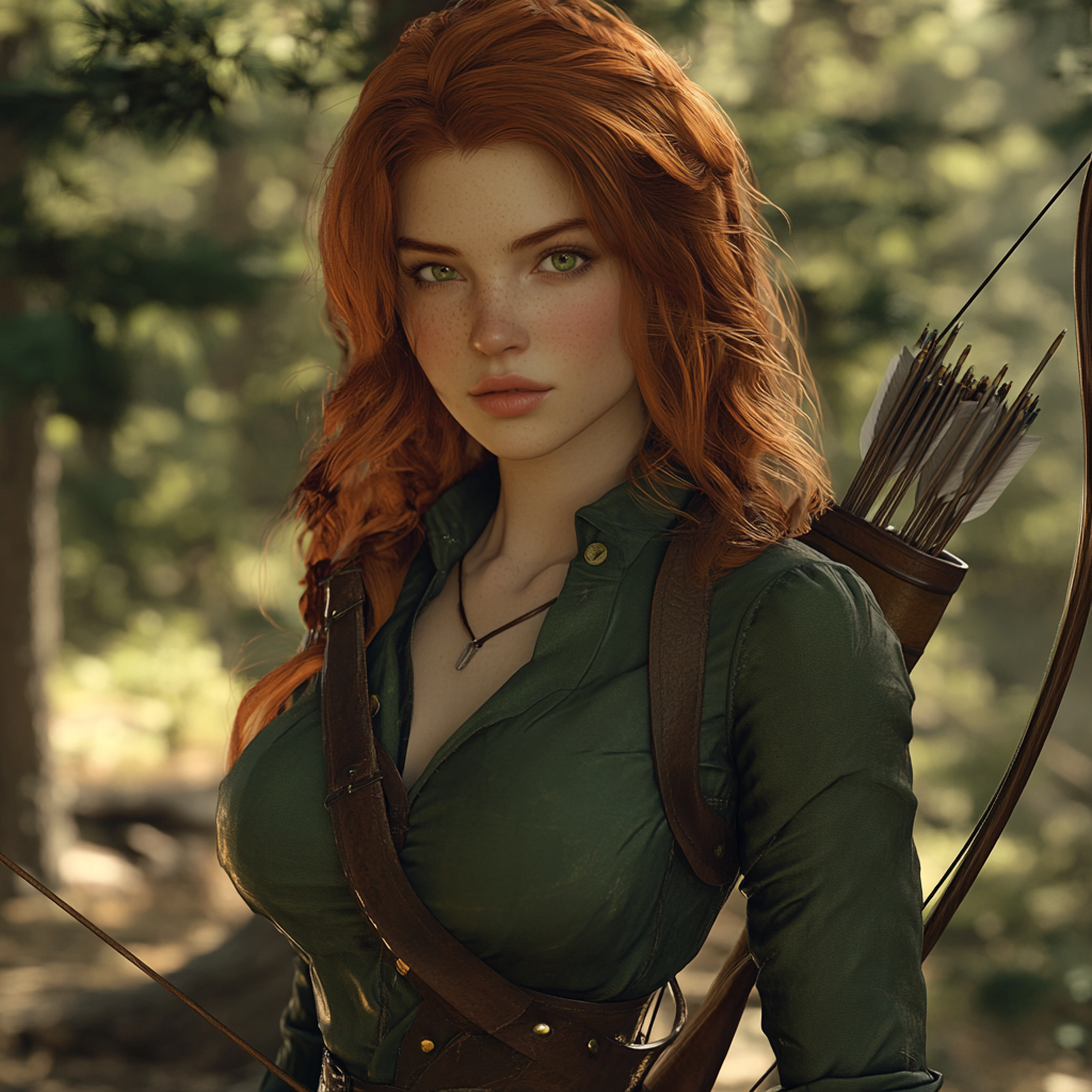 Medieval female hunter with red hair in forest