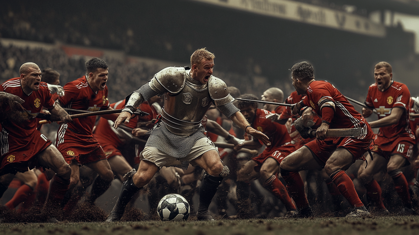 Medieval footballers in armor play at full stadium.