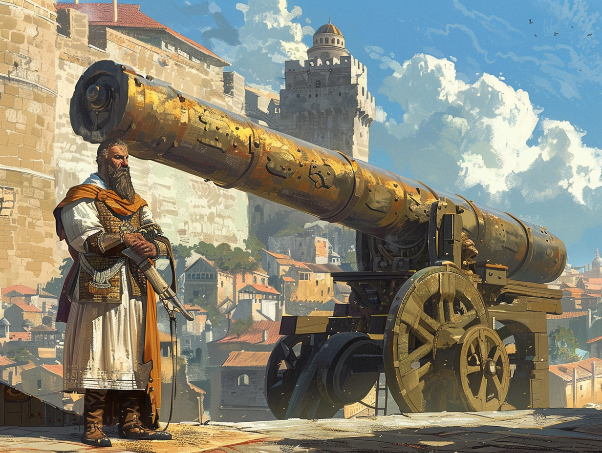 Medieval inventor standing with large cannon, Constantinople walls background