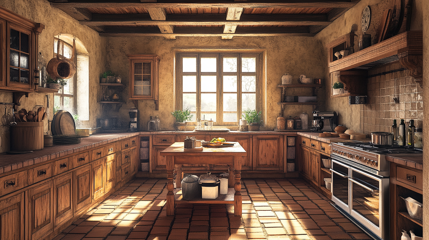 Medieval kitchen with classic design, detailed and realistic.