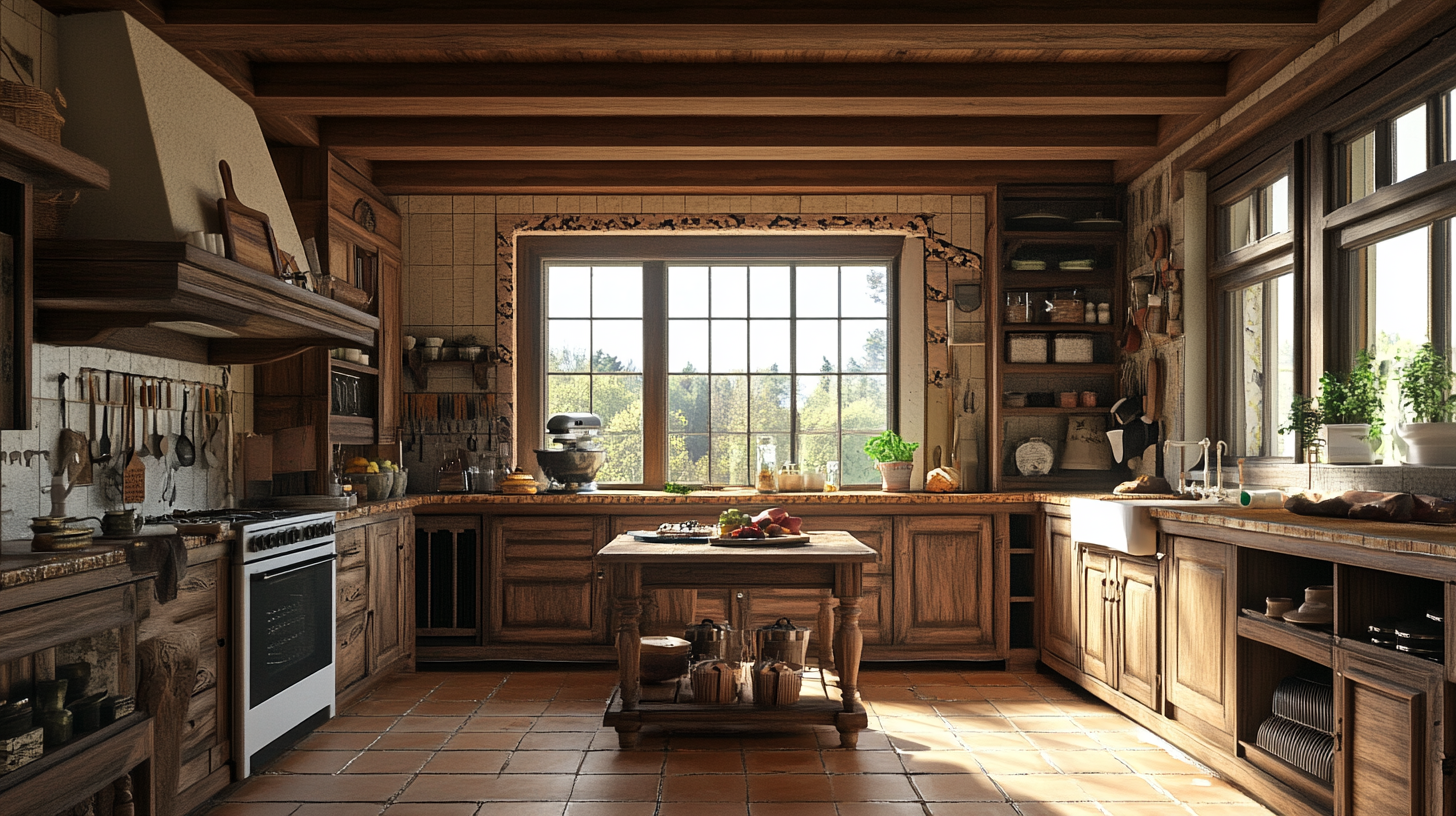 Medieval kitchen with classic wooden design and details.