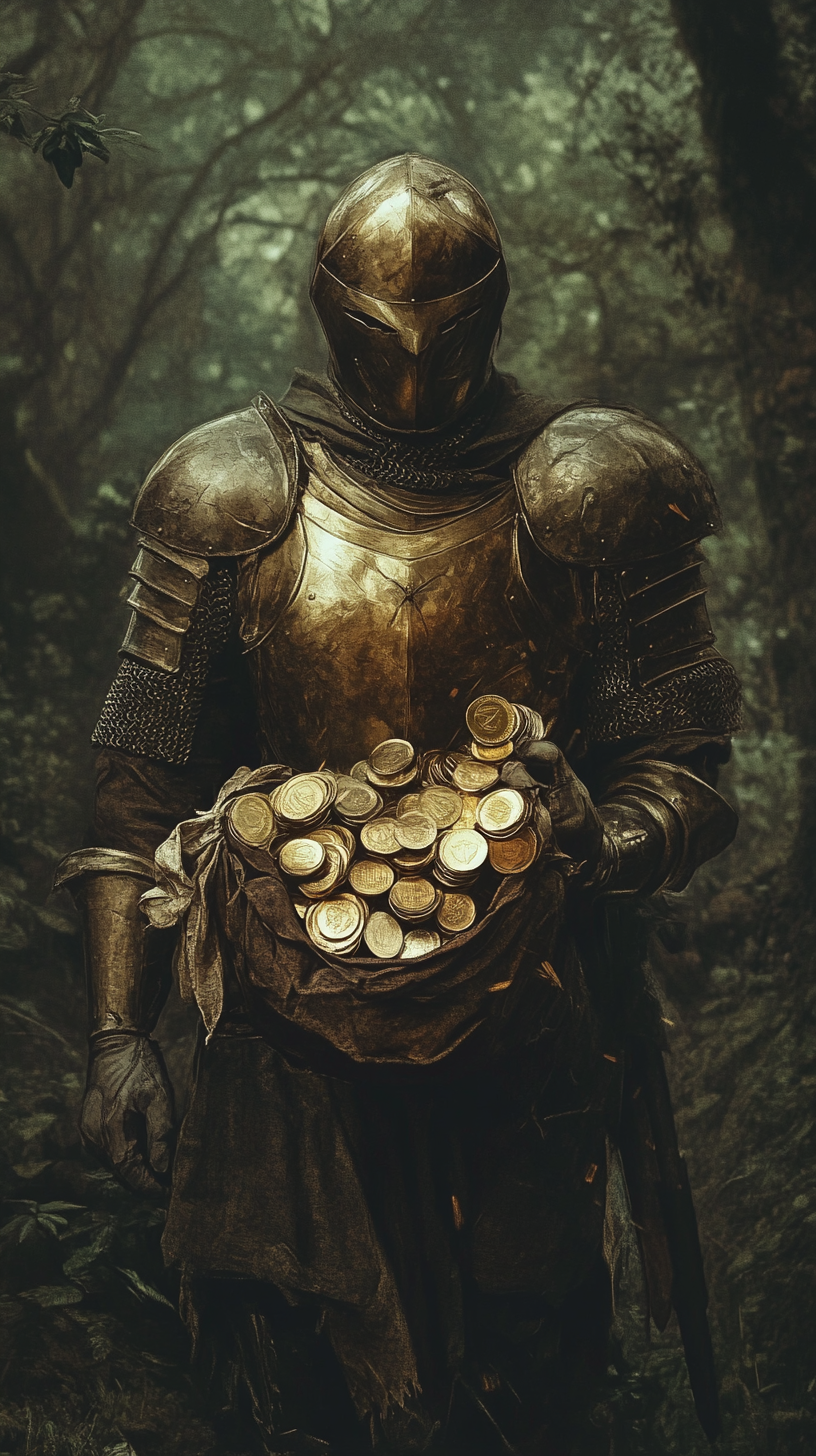 Medieval knight entering dark forest with gold, hyperrealistic poster