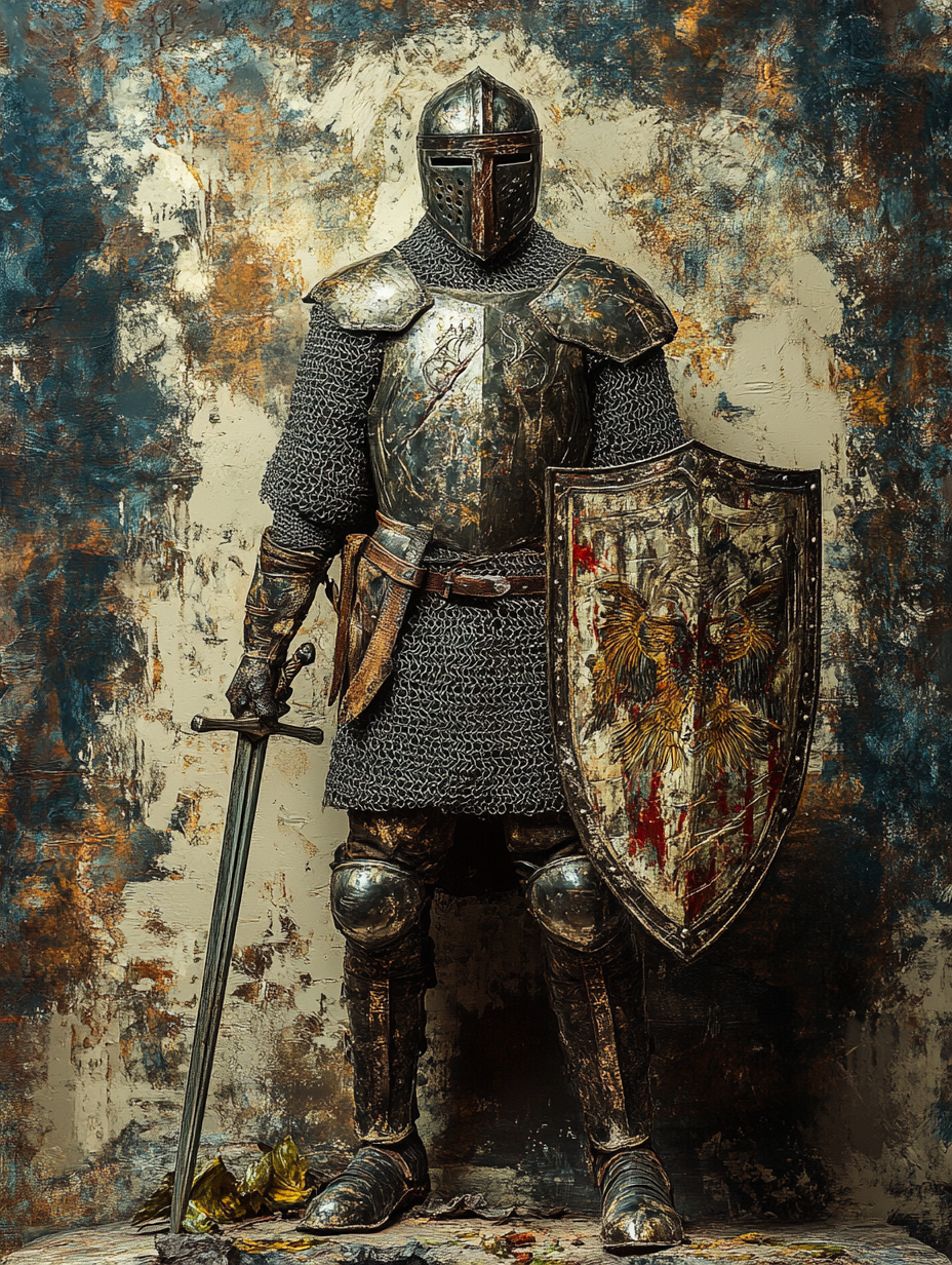 Medieval knight with sword and shield in armor artwork.