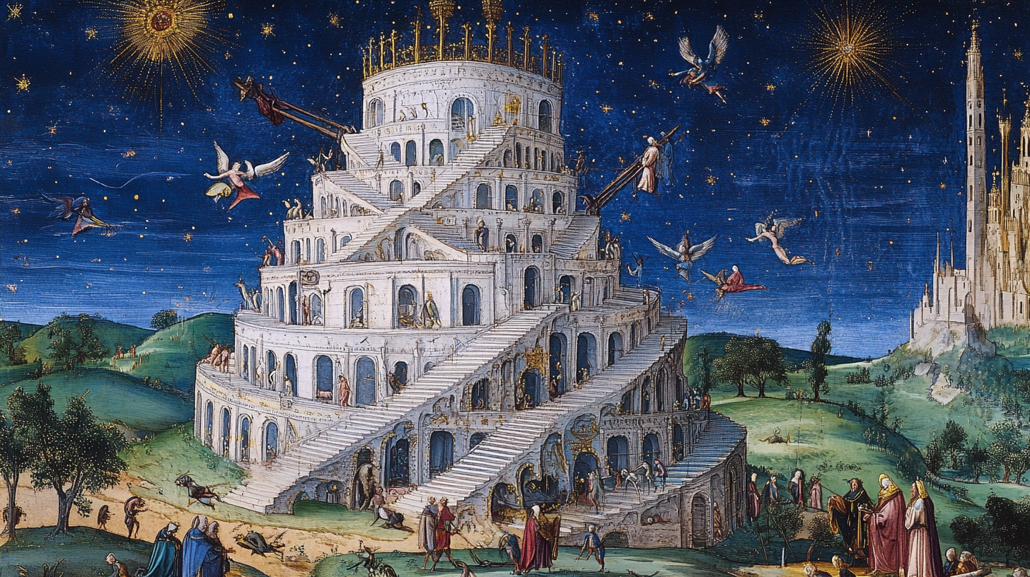 Medieval manuscript illustration of Tower of Babel construction.