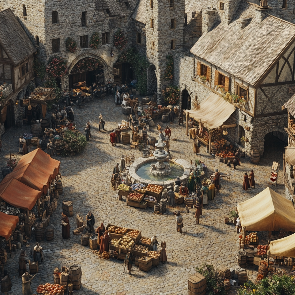 Medieval market square with vendors, townsfolk, fountain, stone buildings.