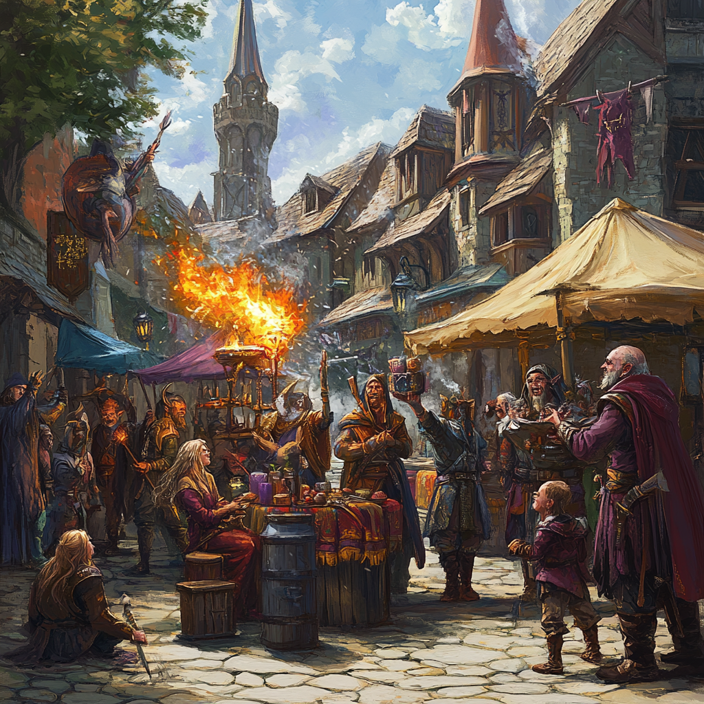 Medieval market with diverse D&D characters, lively energy.