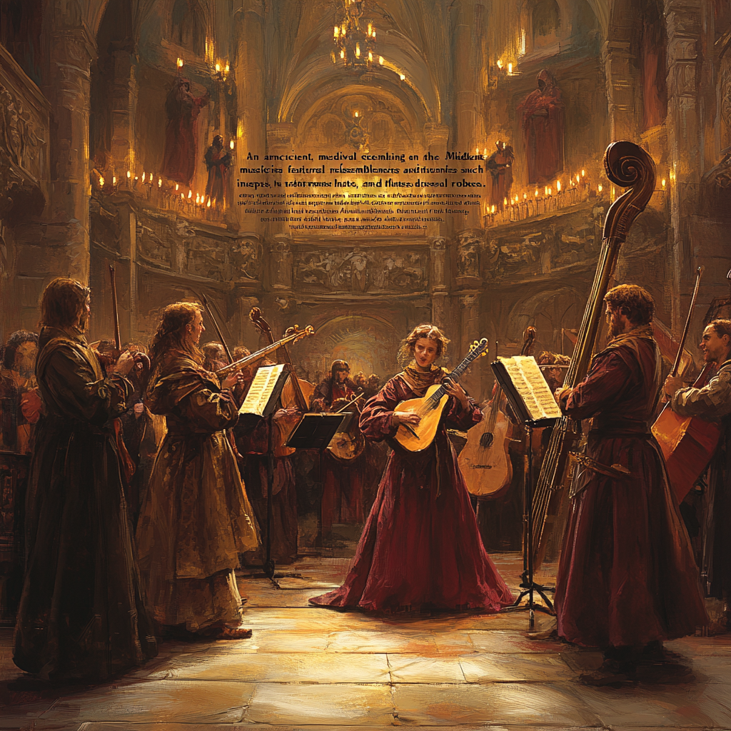 Medieval musicians playing instruments in candlelit stone hall.