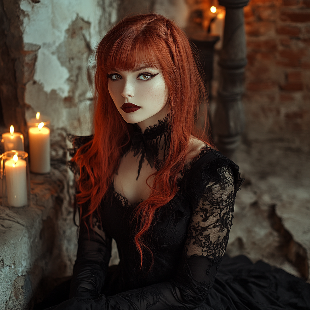 Medieval photoshoot: photorealistic girl with dark red hair