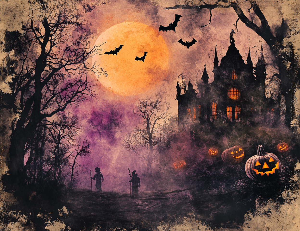 Medieval style adventurers cautiously approach haunted mansion, glowing jack-o'-lanterns.