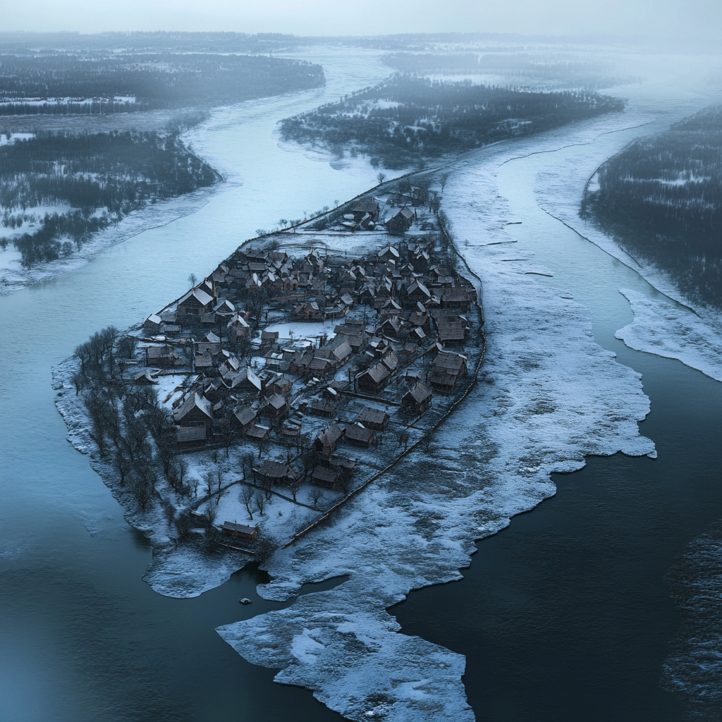 Medieval village by rivers in snowy winter