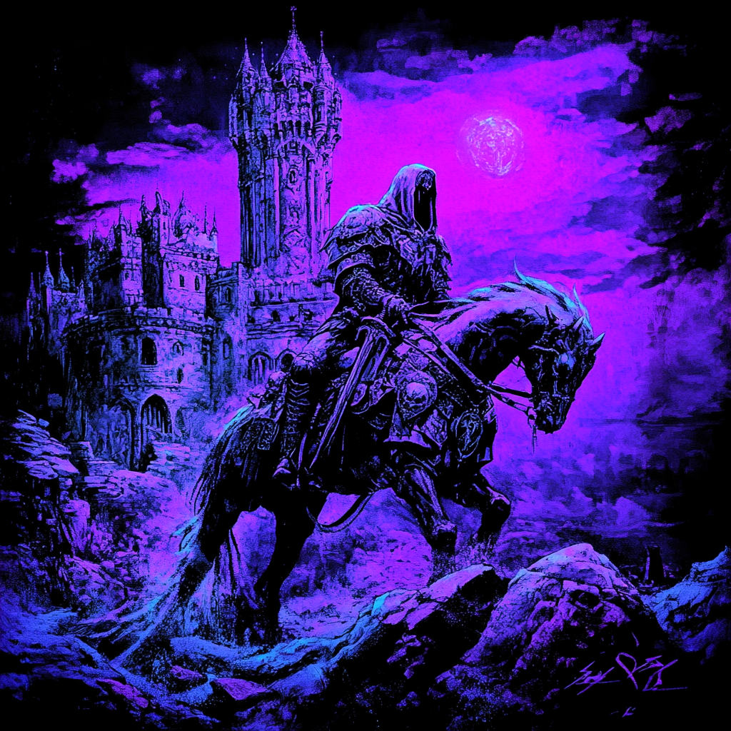 Medieval warrior hologram in neon purple castle