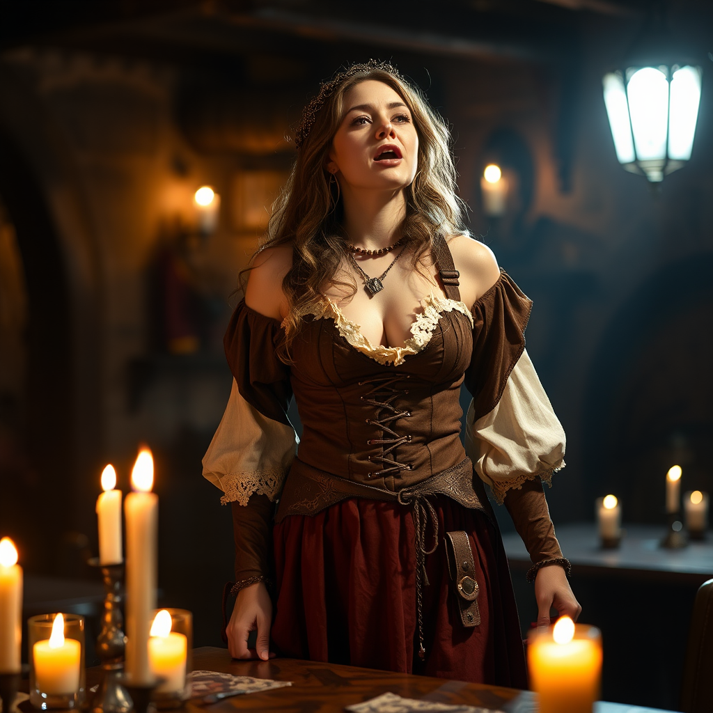 Medieval woman singing in tavern with candles lighting.