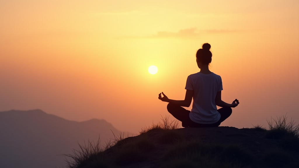 Meditating peacefully on hilltop at sunset, finding calm.