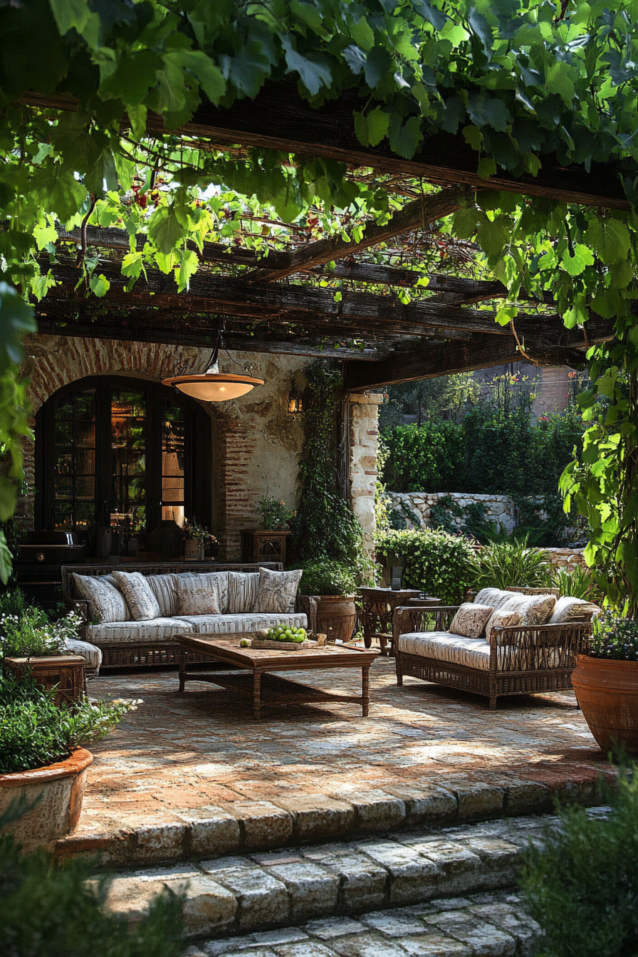 Mediterranean terrace with lush plants, rustic furniture, stone pathways.