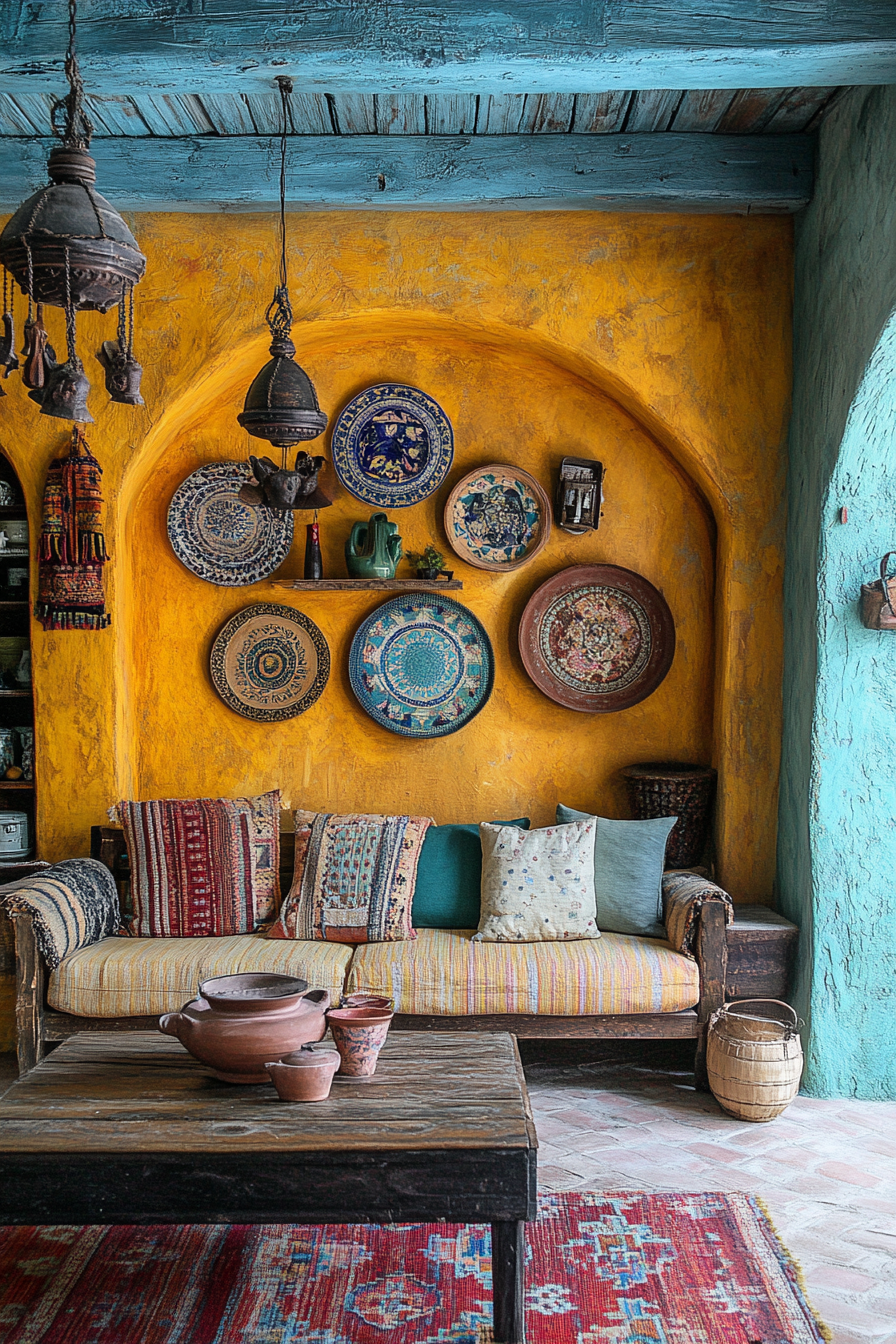 Mediterranean-themed room with vibrant walls and traditional decor.