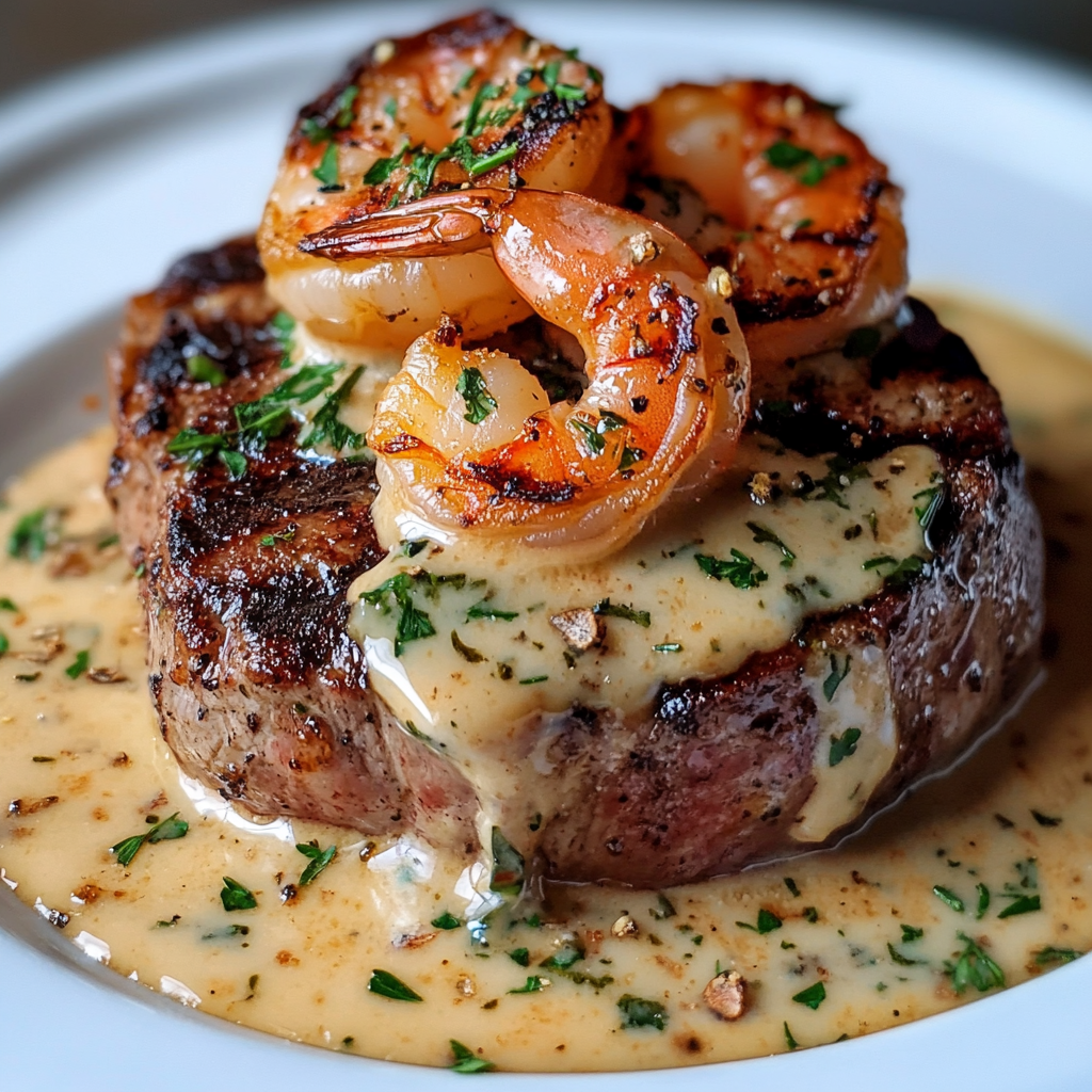 Medium-rare steak with grilled shrimp in garlic sauce.