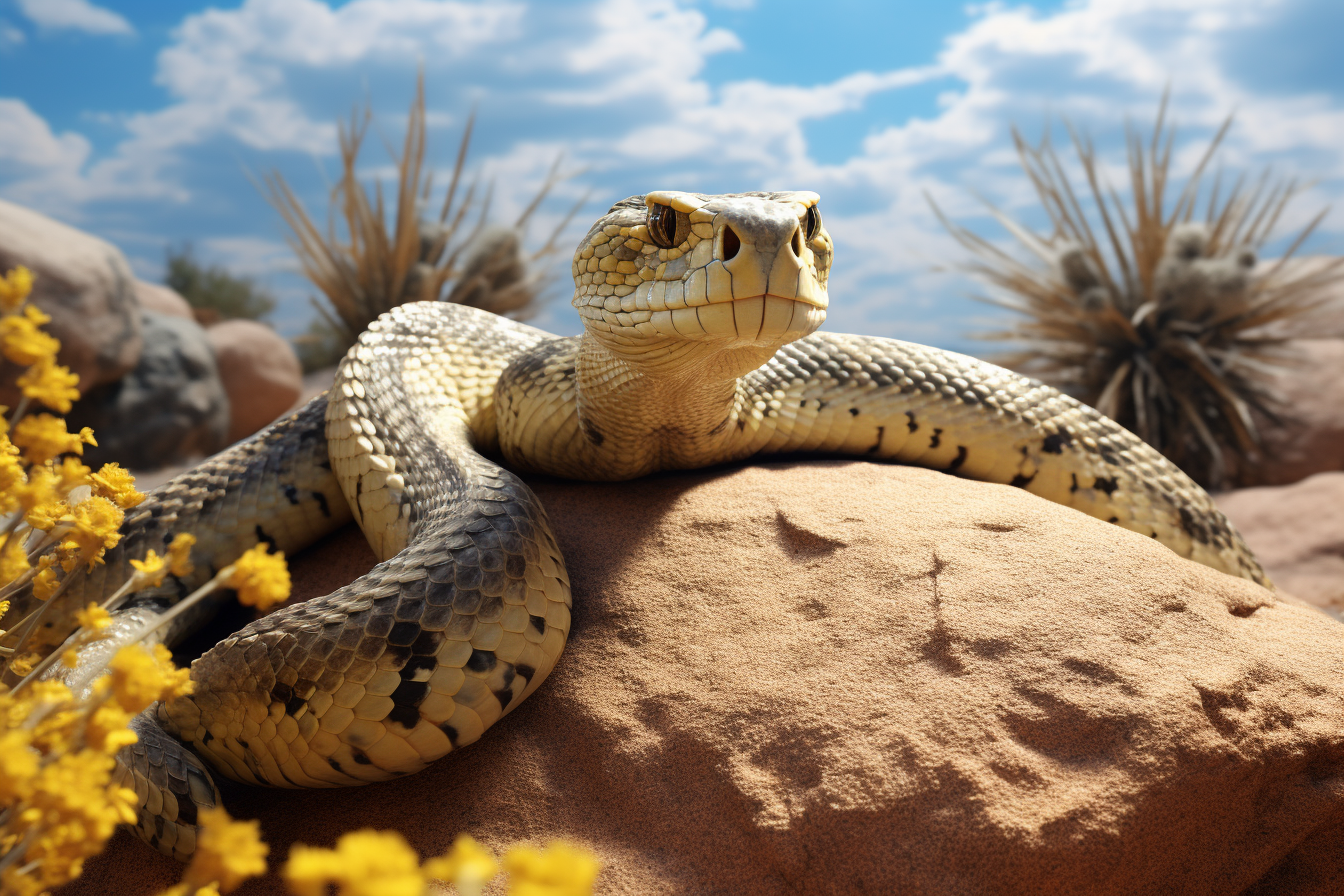 Medium shot of a realistic rattlesnake in desert landscape.