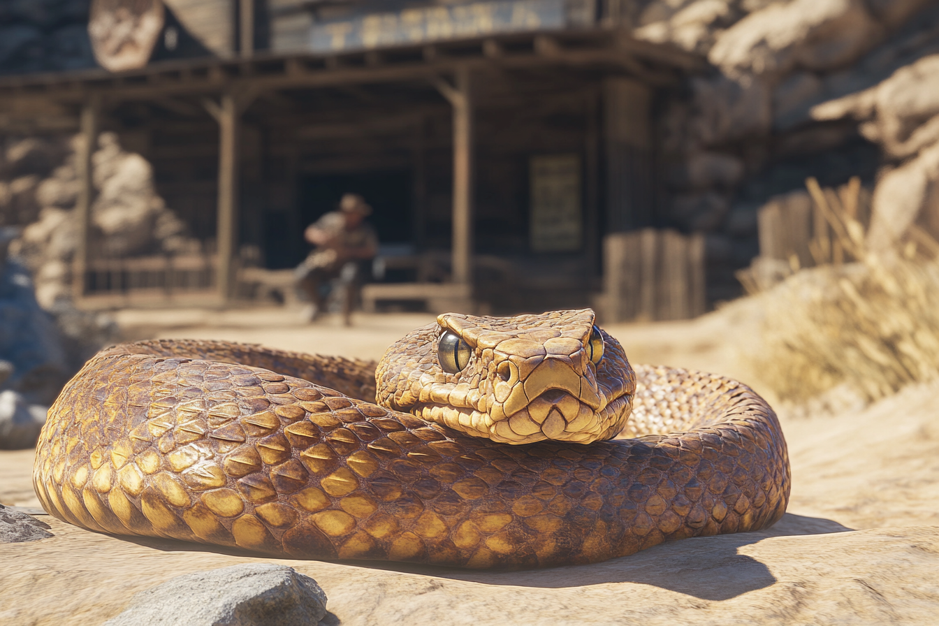 Medium shot of copperhead viper coiled in desert.