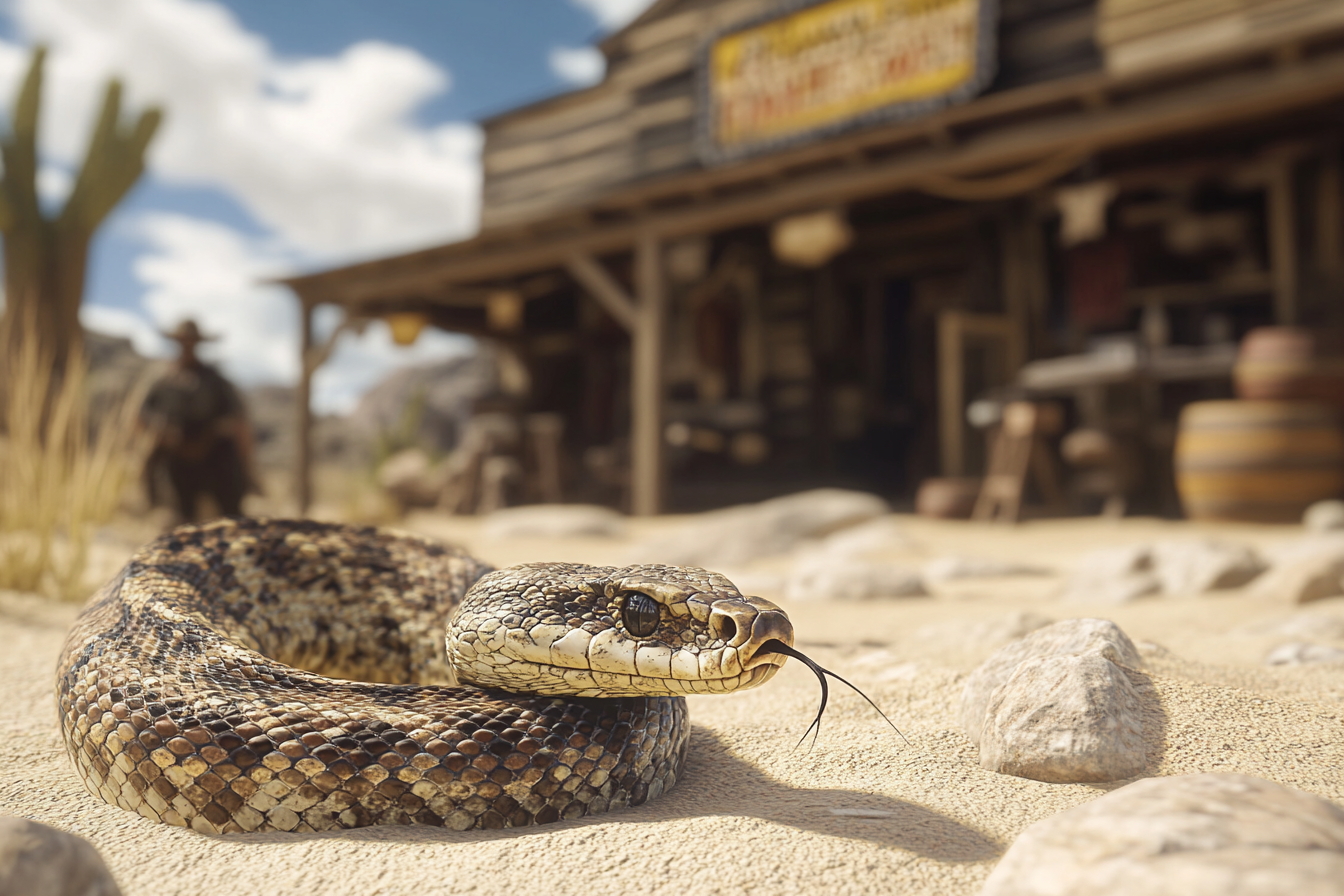 Medium shot of rattlesnake in Texas desert, spooky saloon.