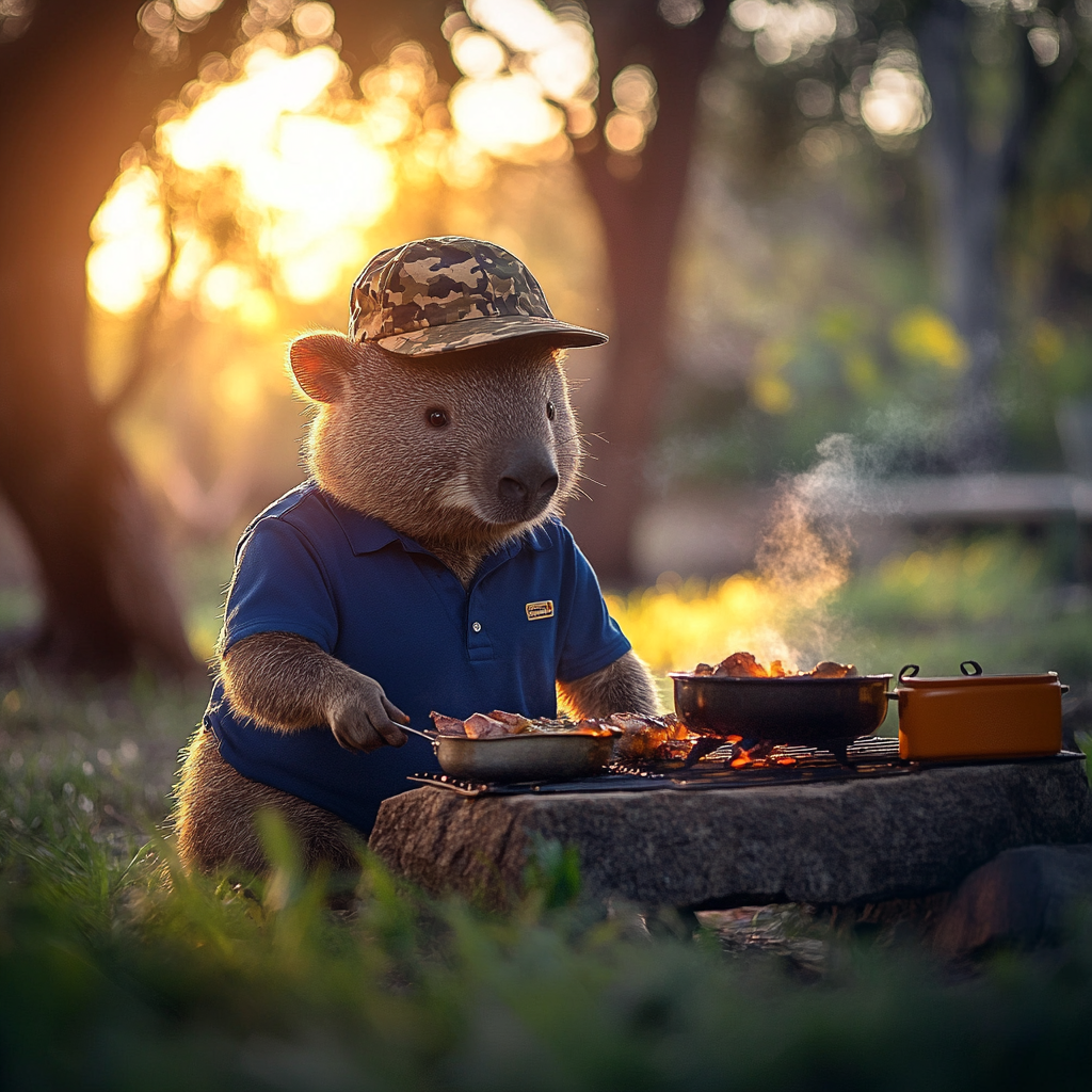 Medium shot of wombat in backyard cooking BBQ.