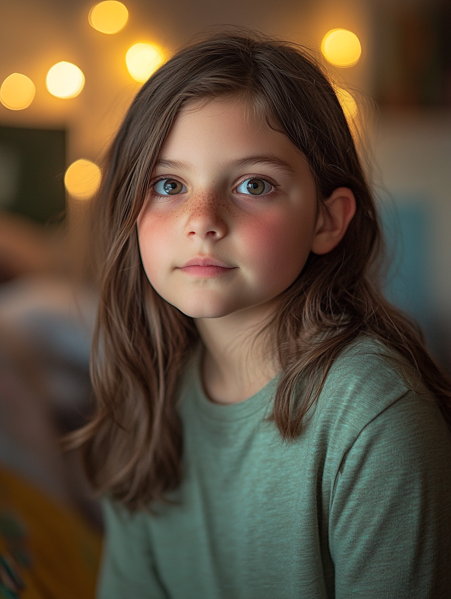 Medium shot portrait of chubby 12-year-old girl indoors.