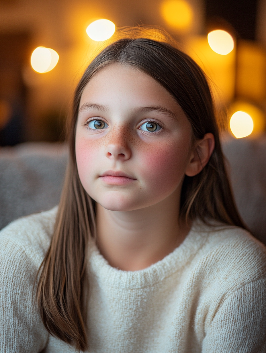 Medium shot portrait of chubby 12-year-old girl.