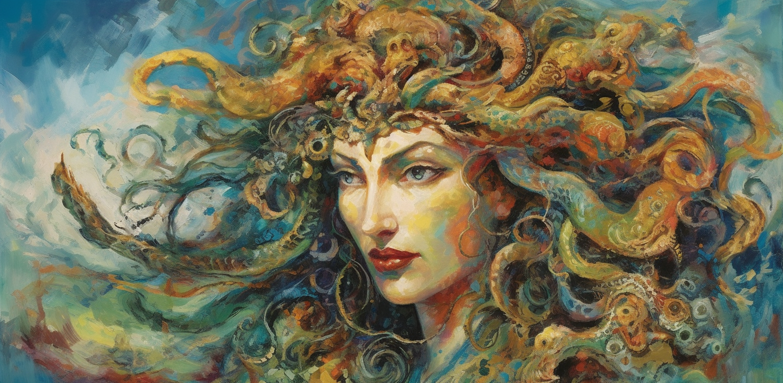 Medusa painting in Zao Wou-Ki style with jewels.