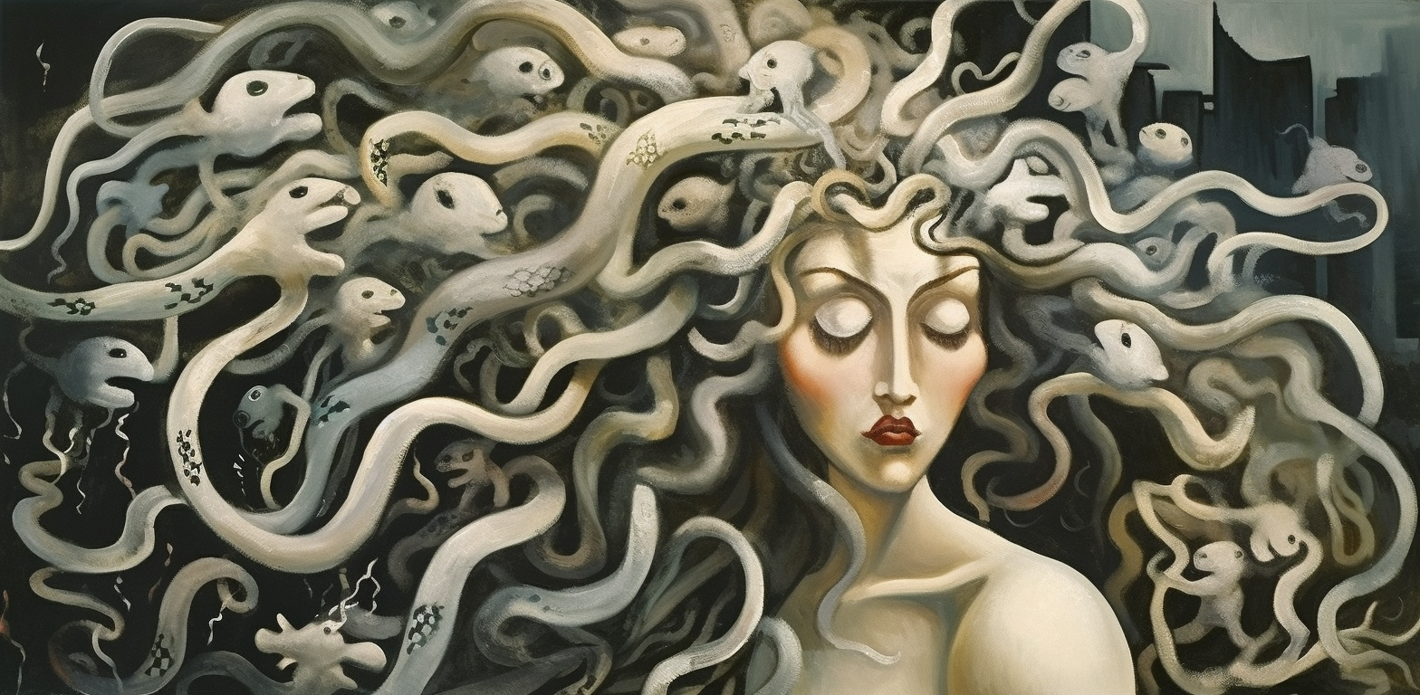 Medusa painting inspired by Yves Tanguy's abstract expressionism.