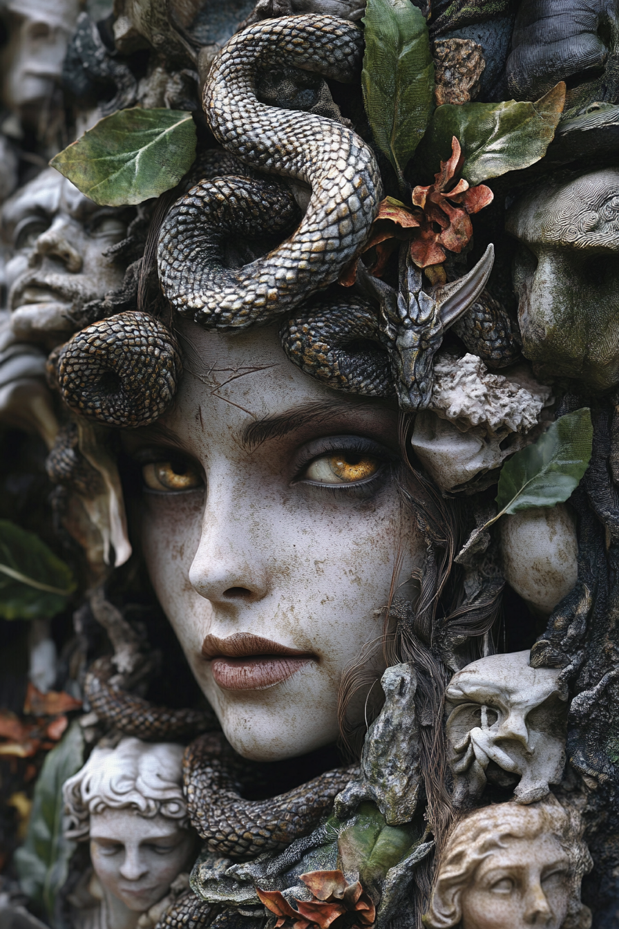 Medusa with snake hair in garden, surrounded by statues.