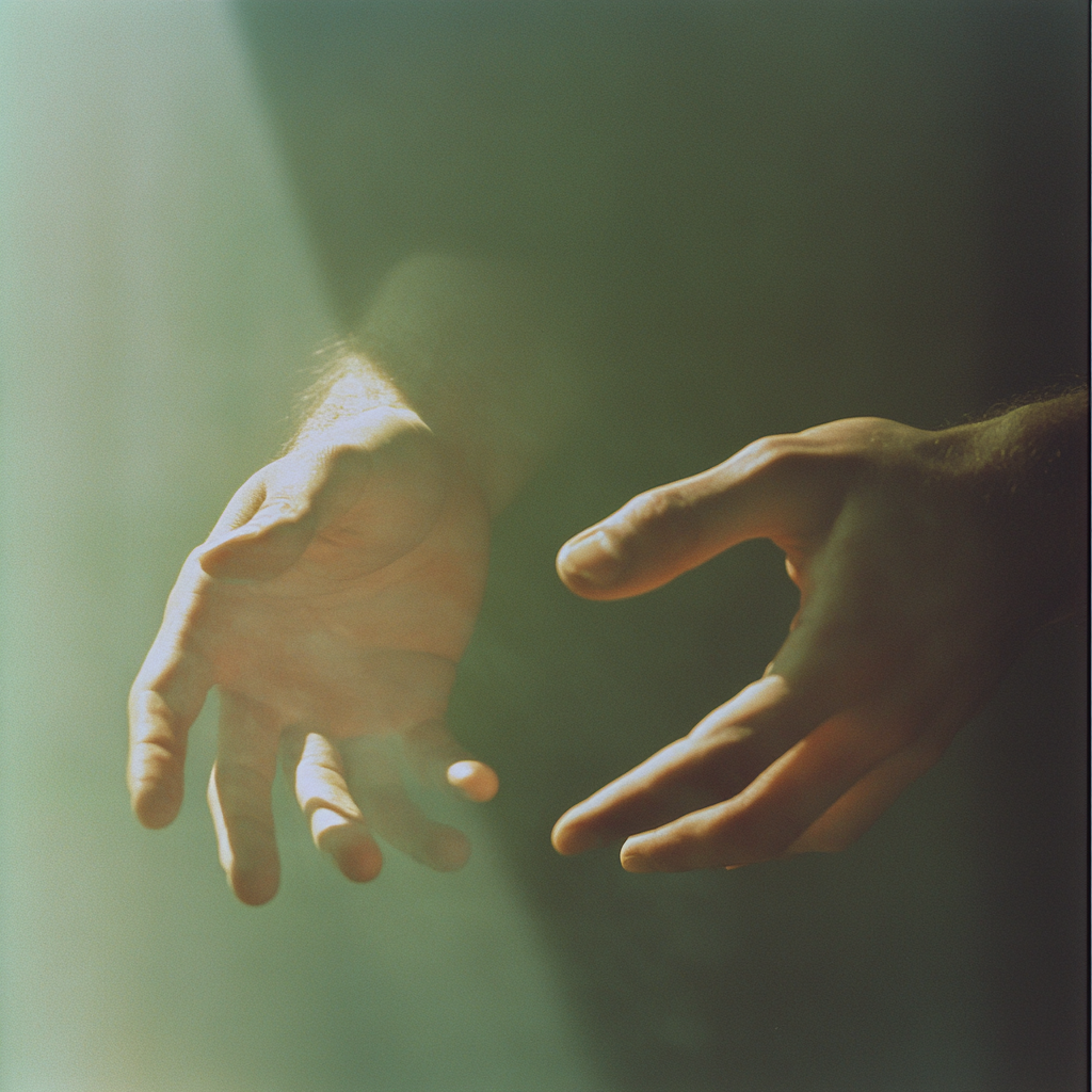 Melancholy photograph of hands reaching towards god.