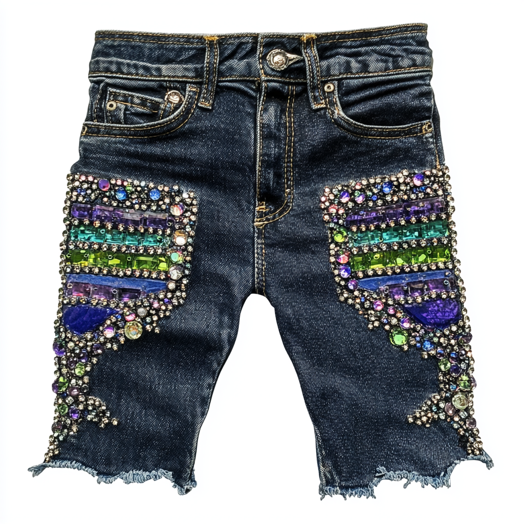 Men's Dark Blue Frayed Jean Shorts with Ombre Rhinestones. 