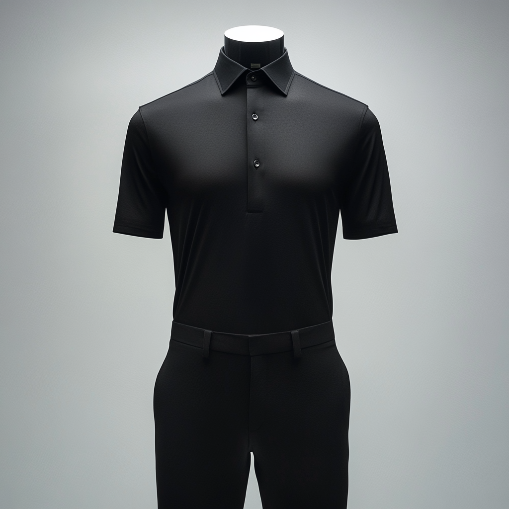 Men's black shirt on mannequin, sleek design, premium craftsmanship.